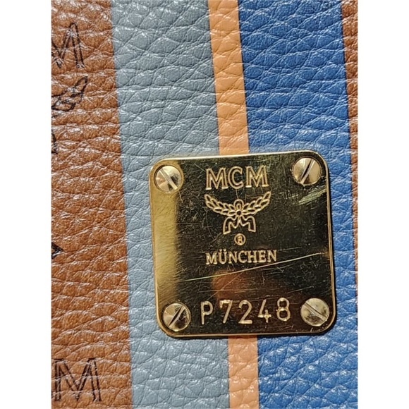 Authentic MCM Visetos Dog Bone Striped Shopper Tote Bag Brown - Picture 13 of 13